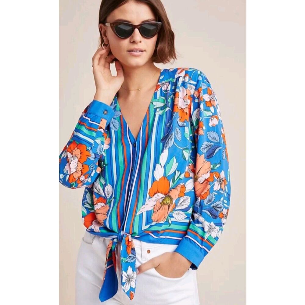 Maeve Anthropologie Blue Floral Tie Front Blouse